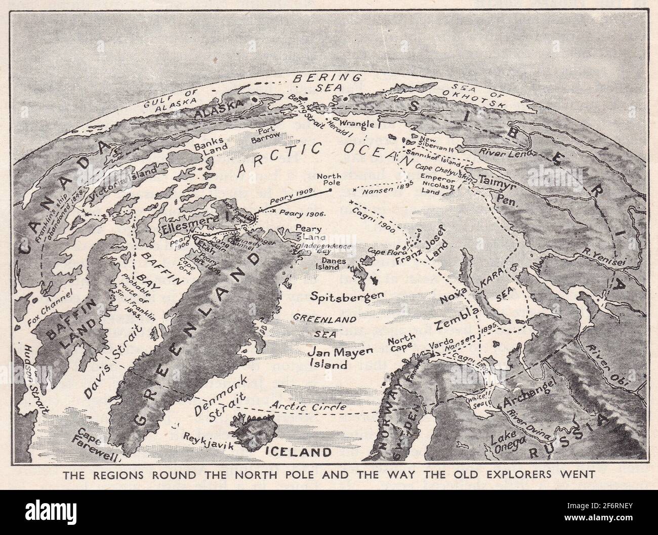 Vintage illustrated map of the regions round the North Pole and the way the old explorers went. Stock Photo