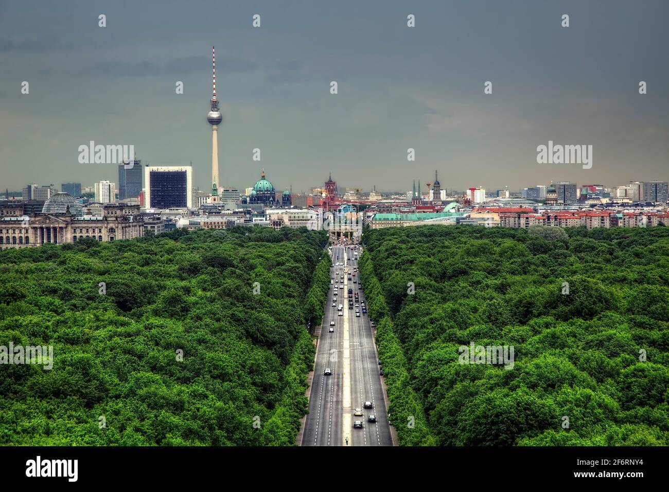 The view towards the Brandenburg Gate from the top of the Victory Column in Tiergarten, Berlin. Stock Photo