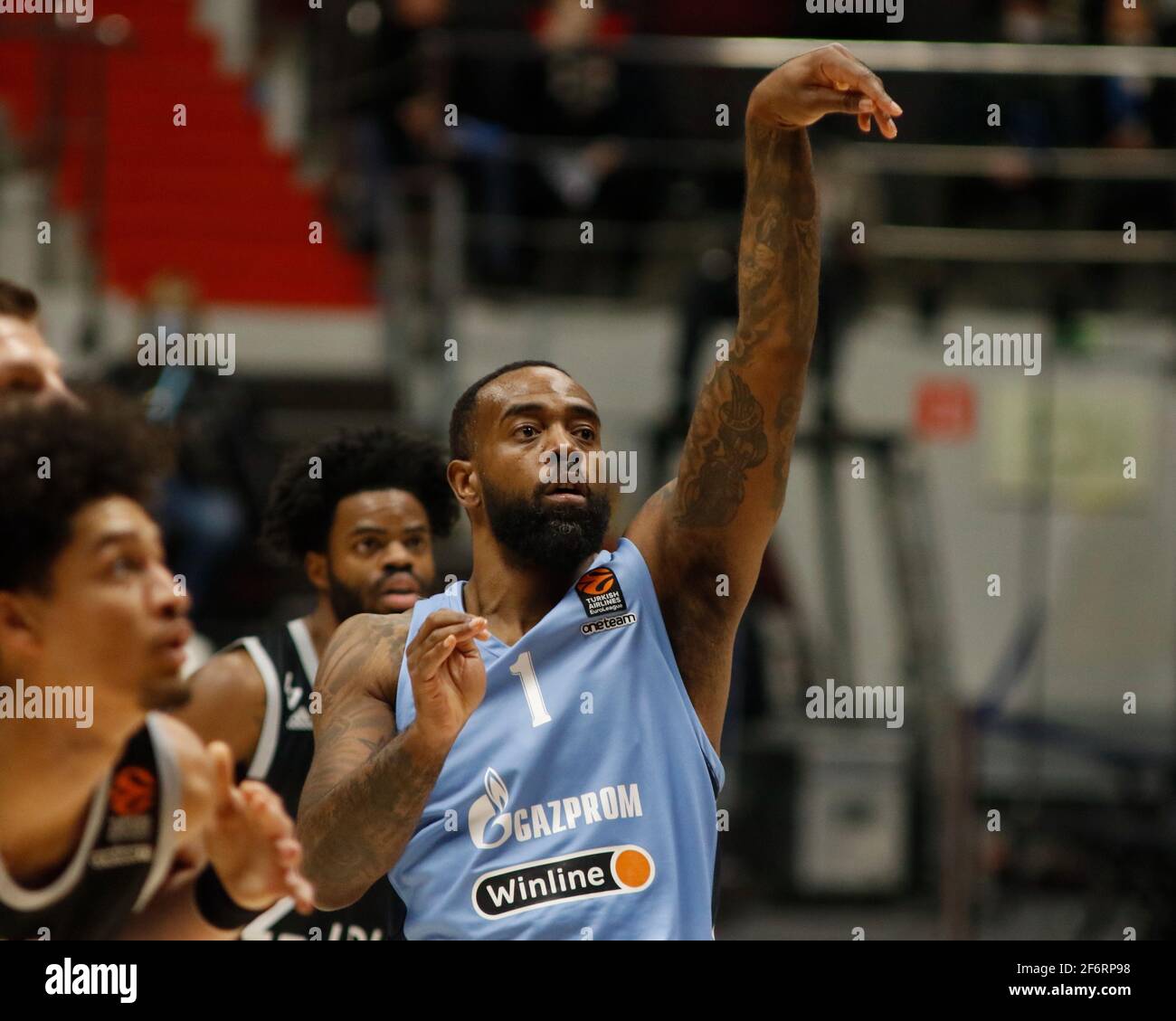 Saint Petersburg, Russia - 2 April 2021: KC Rivers (1) of Zenit are seen in action during the 2020-2021 Turkish Airlines EuroLeague, match between BC ASVEL Villeurbanne and Zenit. Stock Photo