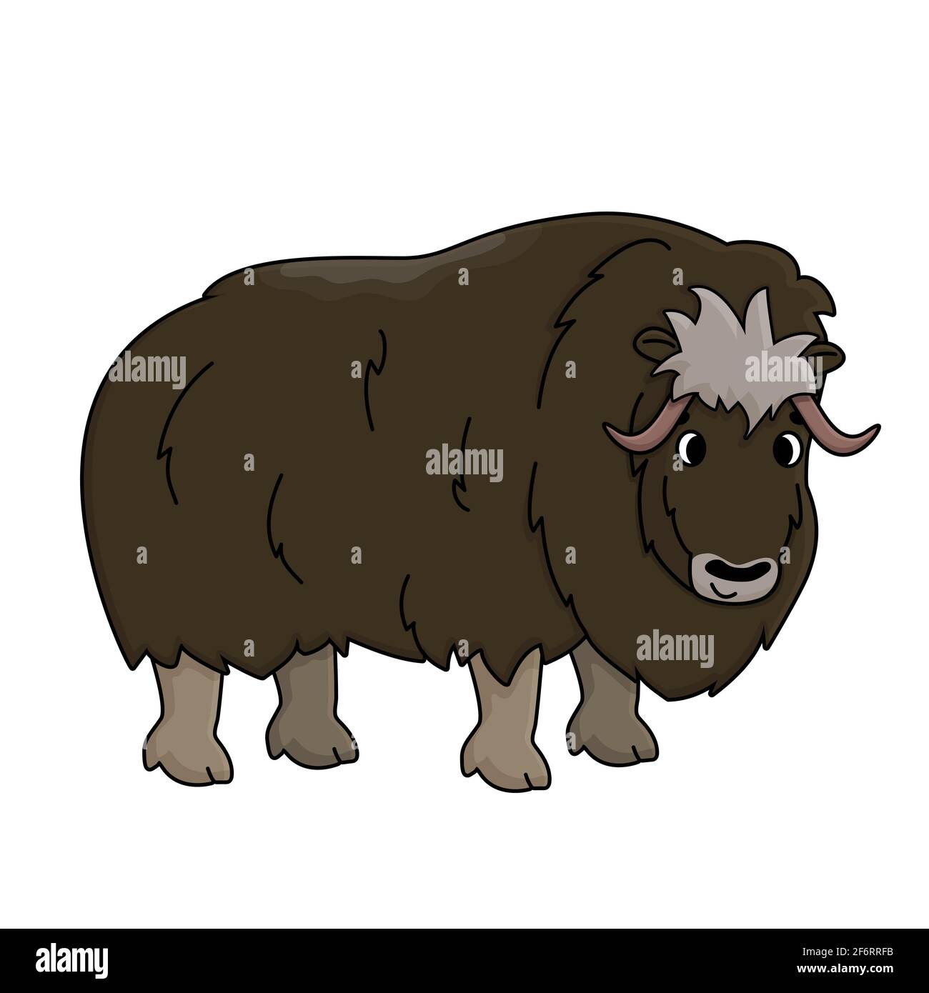 Brown vector outline cartoon hand drawn male Muskox. Doodle isolated illustration on white background, Side view of a standing Ovibos moschatus animal Stock Vector