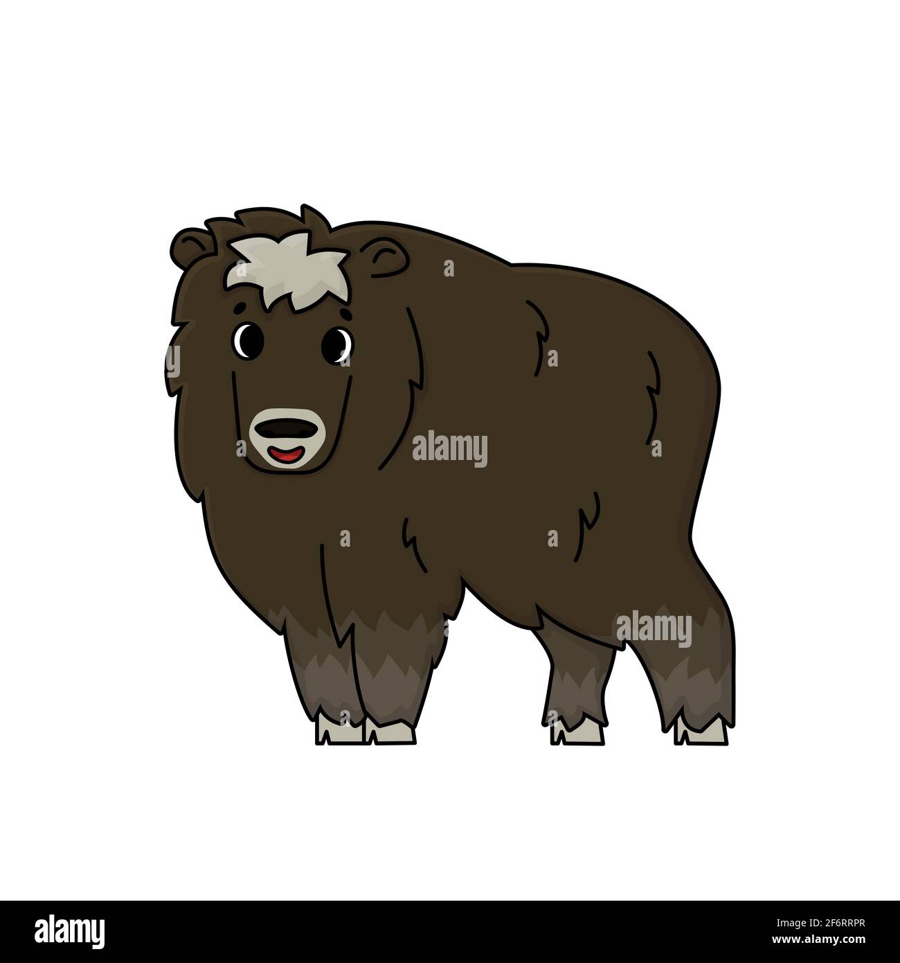 Vector cute outline cartoon Ovibos moschatus or fluffy standing muskox. Hand drawn doodle isolated illustration on white background, Side view of a Stock Vector