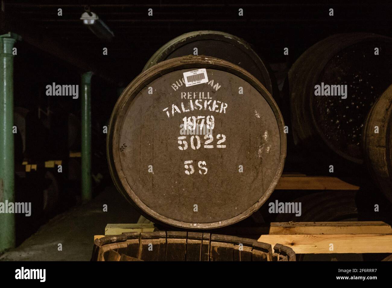 Whisky barrels at the Talisker distillery on the Isle of Skye, Scotland, UK in August 2019. Stock Photo