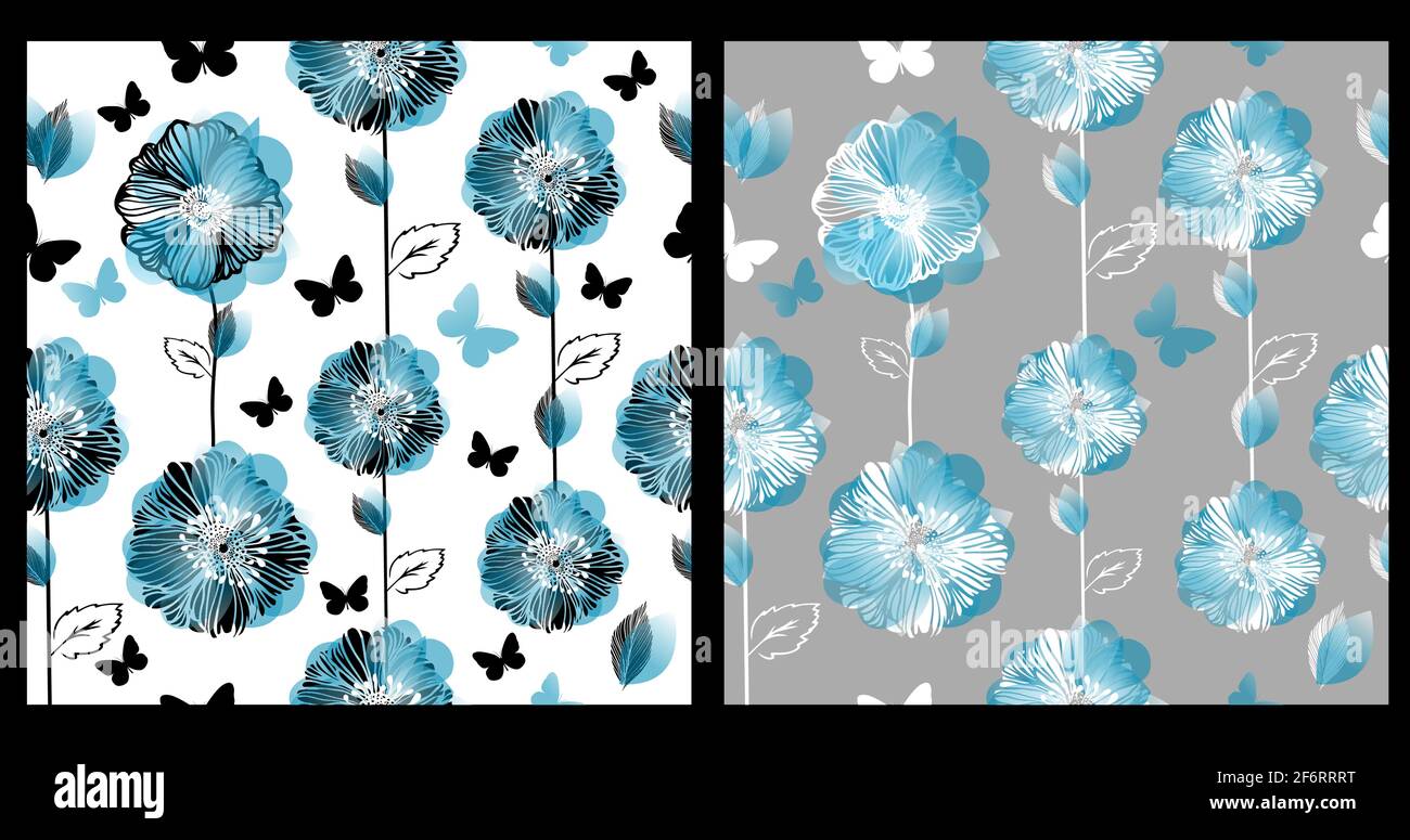 A seamless background with blue flowers and butterflies. Vector ...