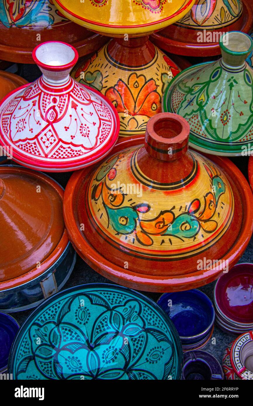 Morocco, Handicraft, typical ceramic Tagine plates. Stock Photo