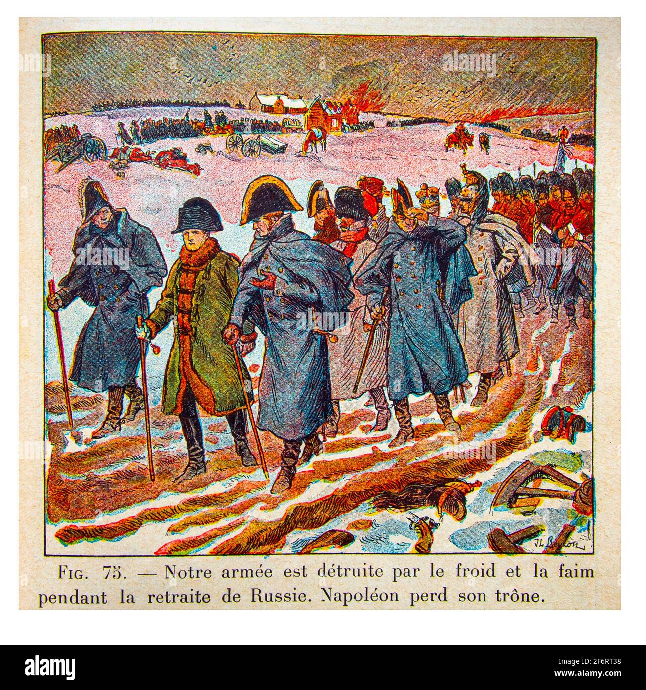 History, France, The french army destroied by the cold. Napoleon lose his trone. (Histoire de France , Cours Elémentaire 1ere anné, Illustration by J Stock Photo