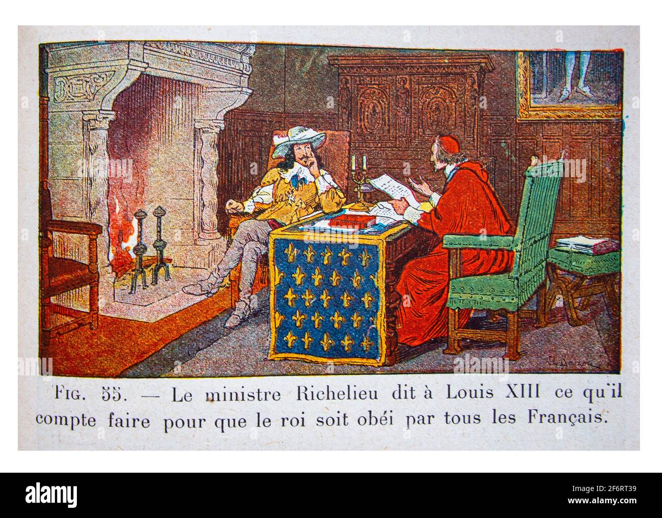 History, Richelieu telling to Louis XII how to do to be obey by the frenches. (Histoire de France , Cours Elémentaire 1ere anné, Illustration by J & Stock Photo