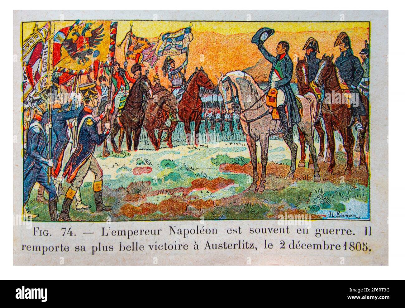 History, France, Napoleon at Austerlitz, the 2nd.of decemmber 1805. (Histoire de France , Cours Elémentaire 1ere anné, Illustration by J & L Beuzon, Stock Photo