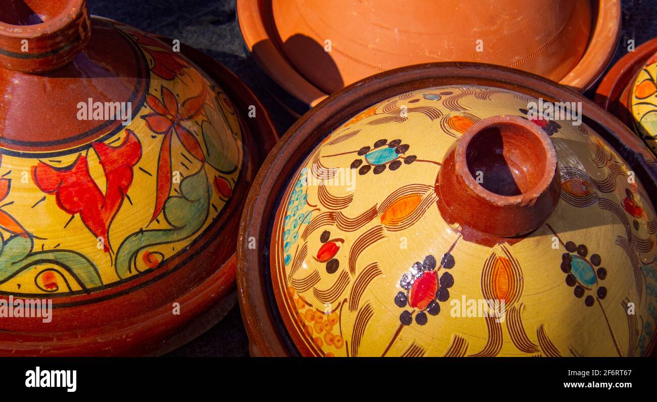 Morocco, Handicraft, typical tagine ceramic plates. Stock Photo