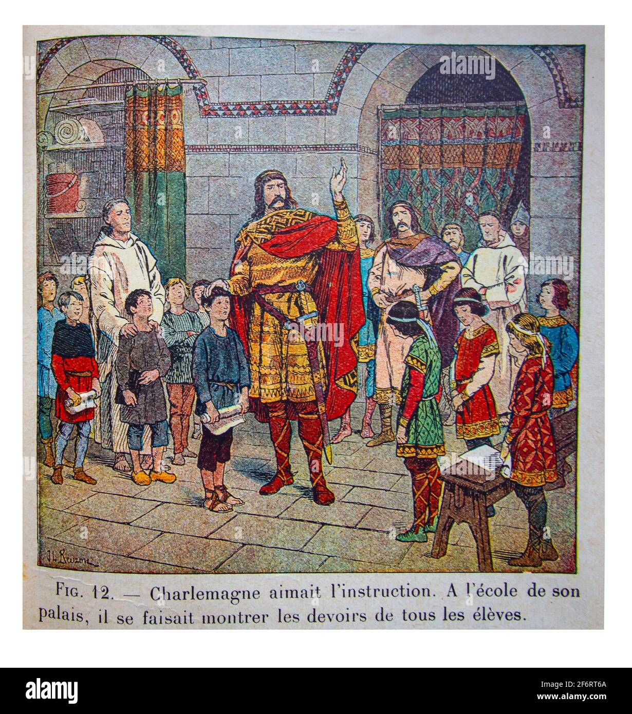 History,  Middle age,  Charlemagne and the education, Histoire de France , Cours Elémentaire 1ere anné, Illustration by J & L Beuzon, 1933). Stock Photo