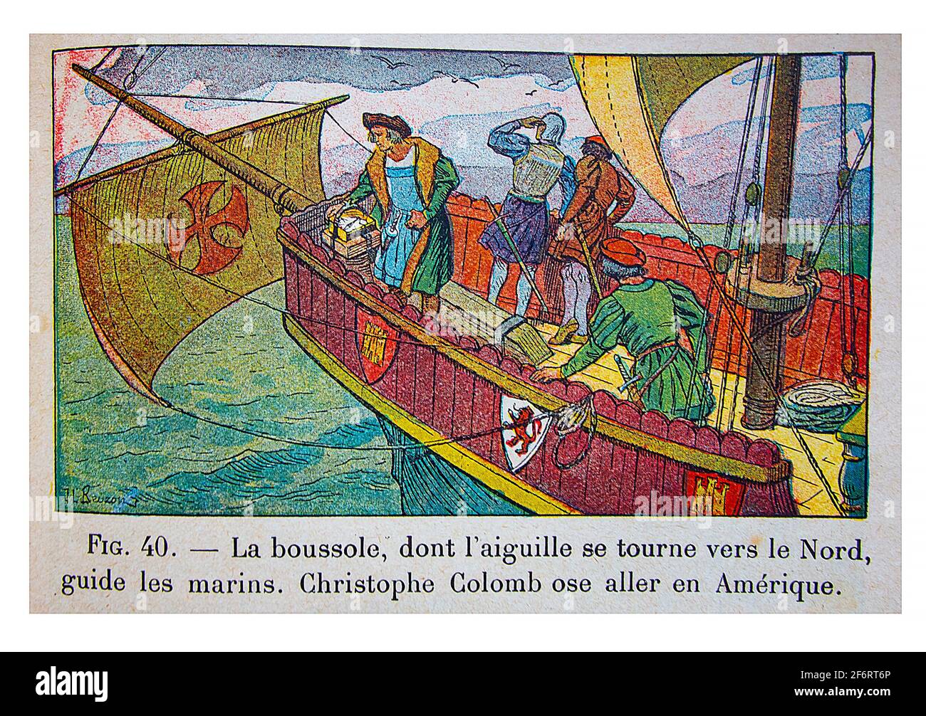 History,   Christopher Columbus, Histoire de France , Cours Elémentaire 1ere anné, Illustration by J & L Beuzon, 1933). Stock Photo