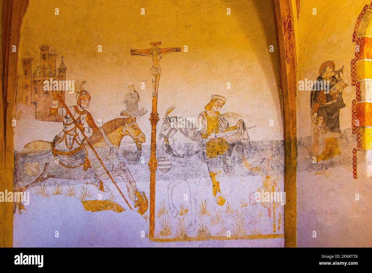 France, Nouvelle Aquitaine, Lot et Garonne,   fresco, XV,XVIc, at Sainte Foy la Jeune chuch at Pujols. Stock Photo
