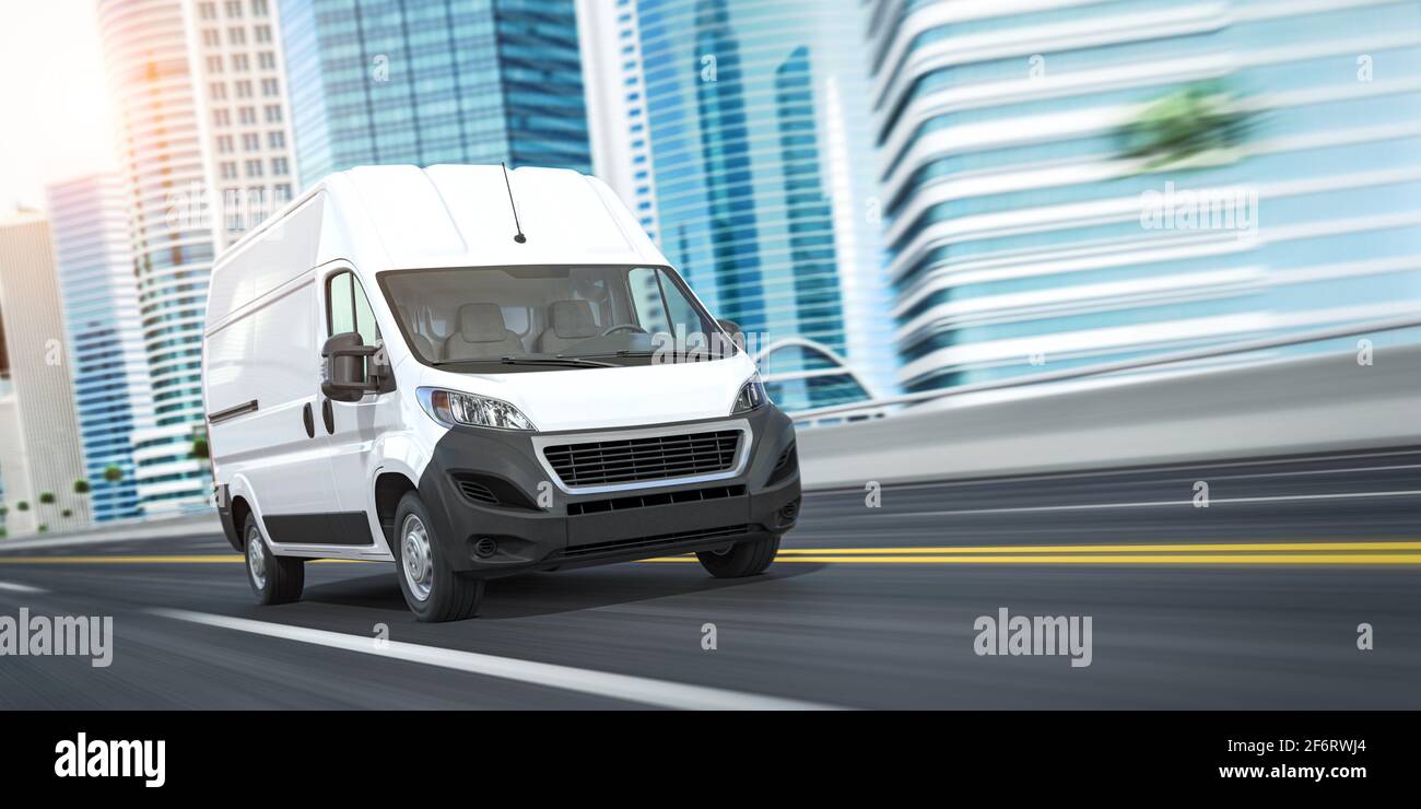 Van moving on highway in the city with skyscrapers. Fast express