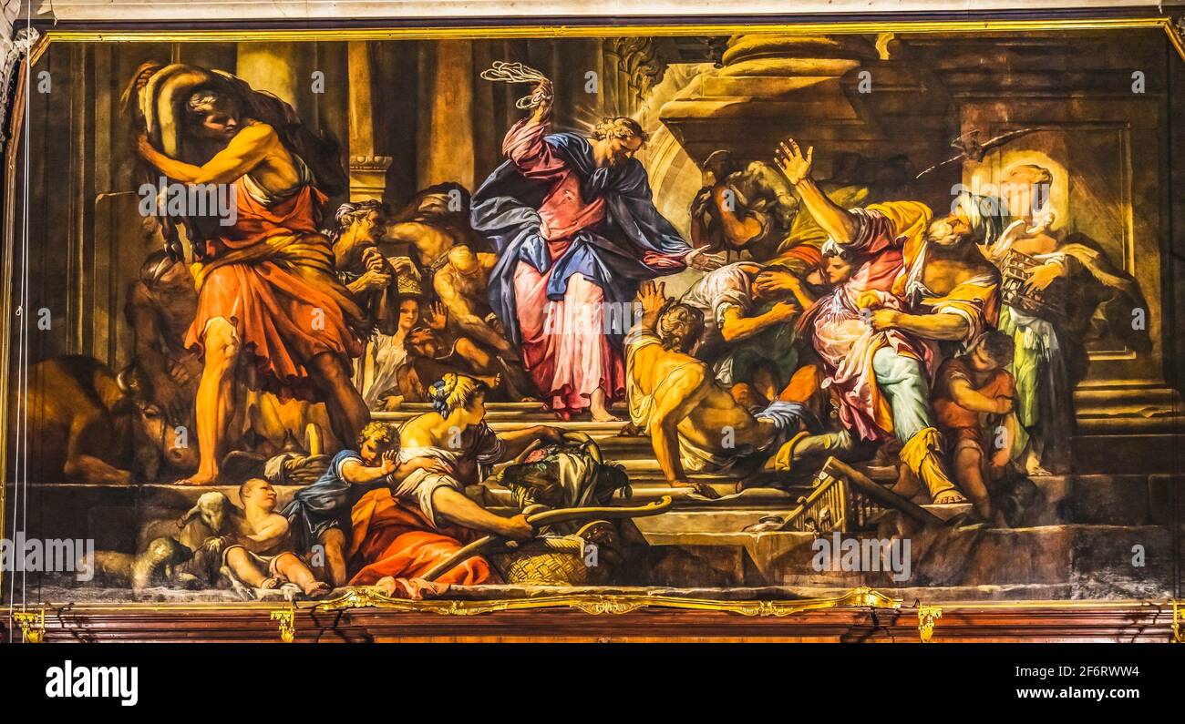 Jesus Christ Driving Money Changers Temple, Church of San Roch Chiesa San Rocco Basilica Dome Altar Venice Italy. Church completed mid 1700s. Stock Photo