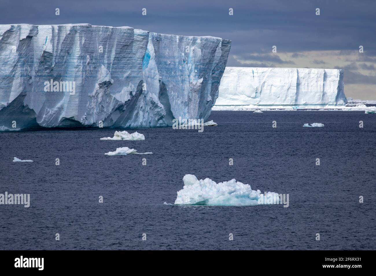 Huge icebergs floating in cold sea in Antarctica. Stock Photo