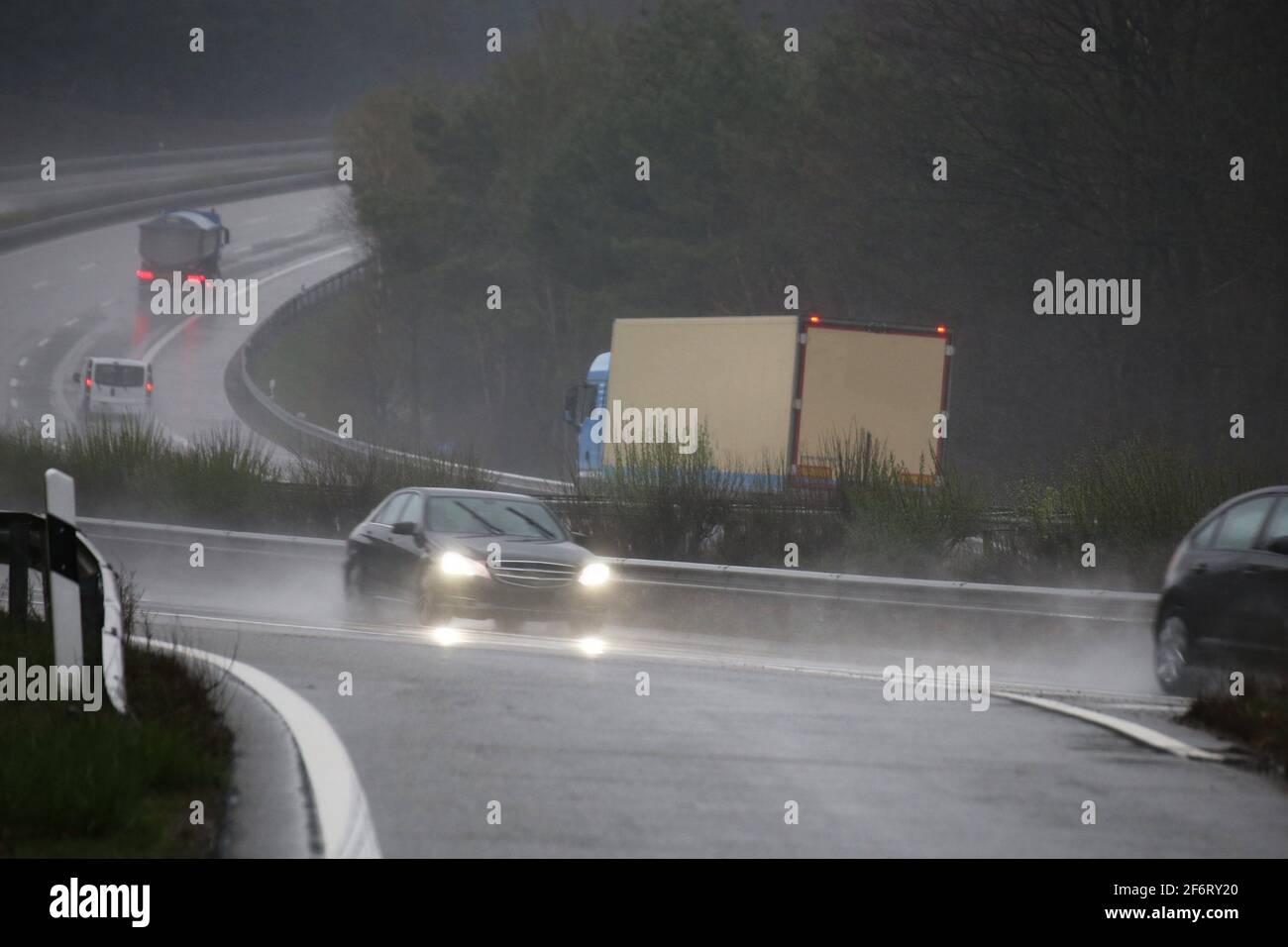 Rain slicked motorway in Germany. Stock Photo