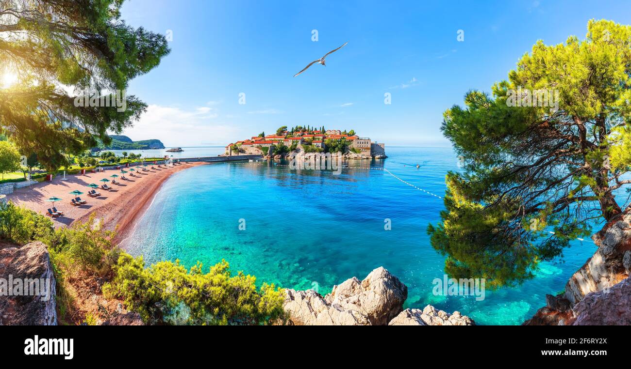 Sveti Stefan island, wonderful view from the rock, Budva riviera, Montenegro. Stock Photo