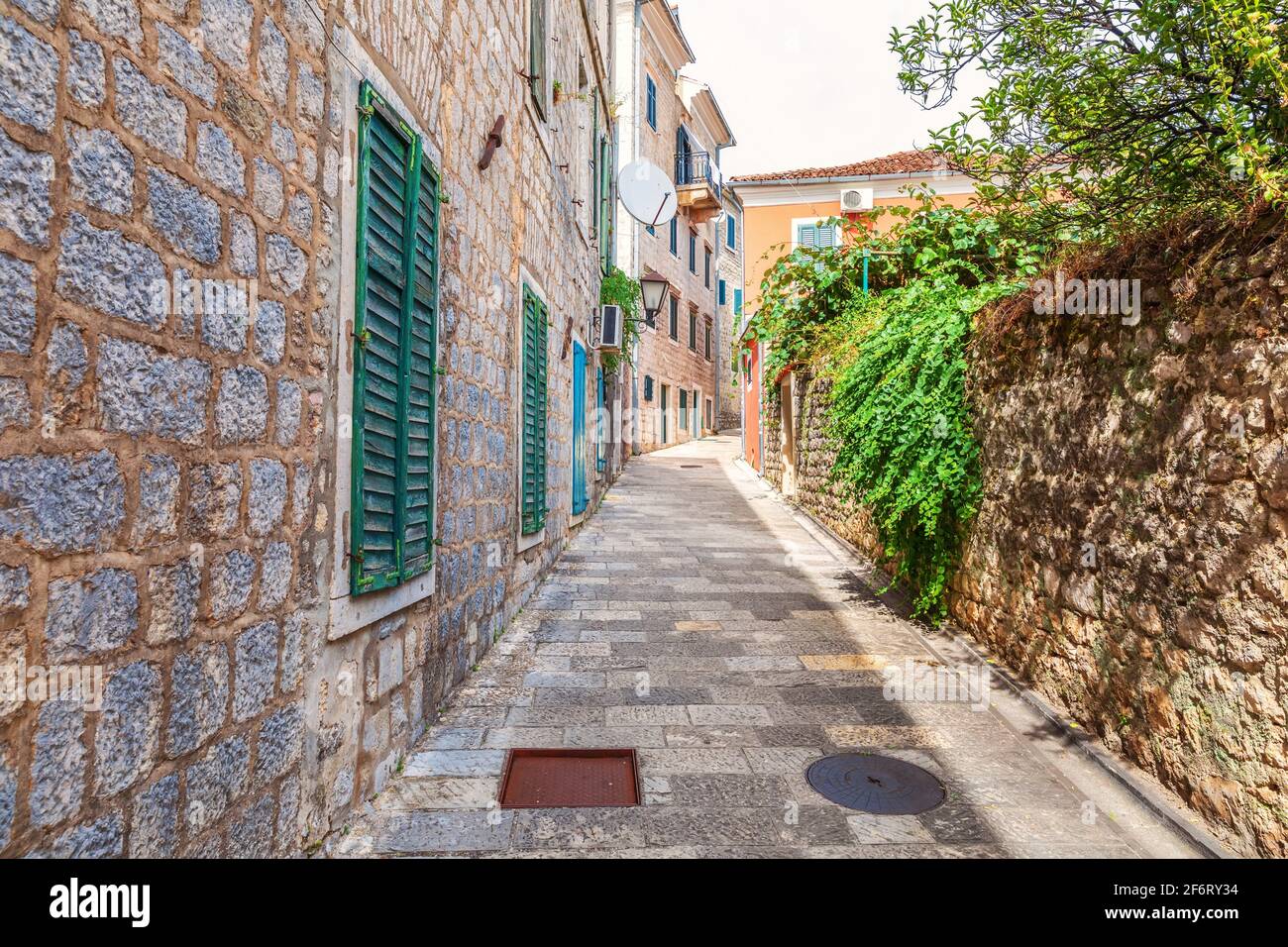 Famous narrow european streets of Herceg Novi, Montenegro. Stock Photo