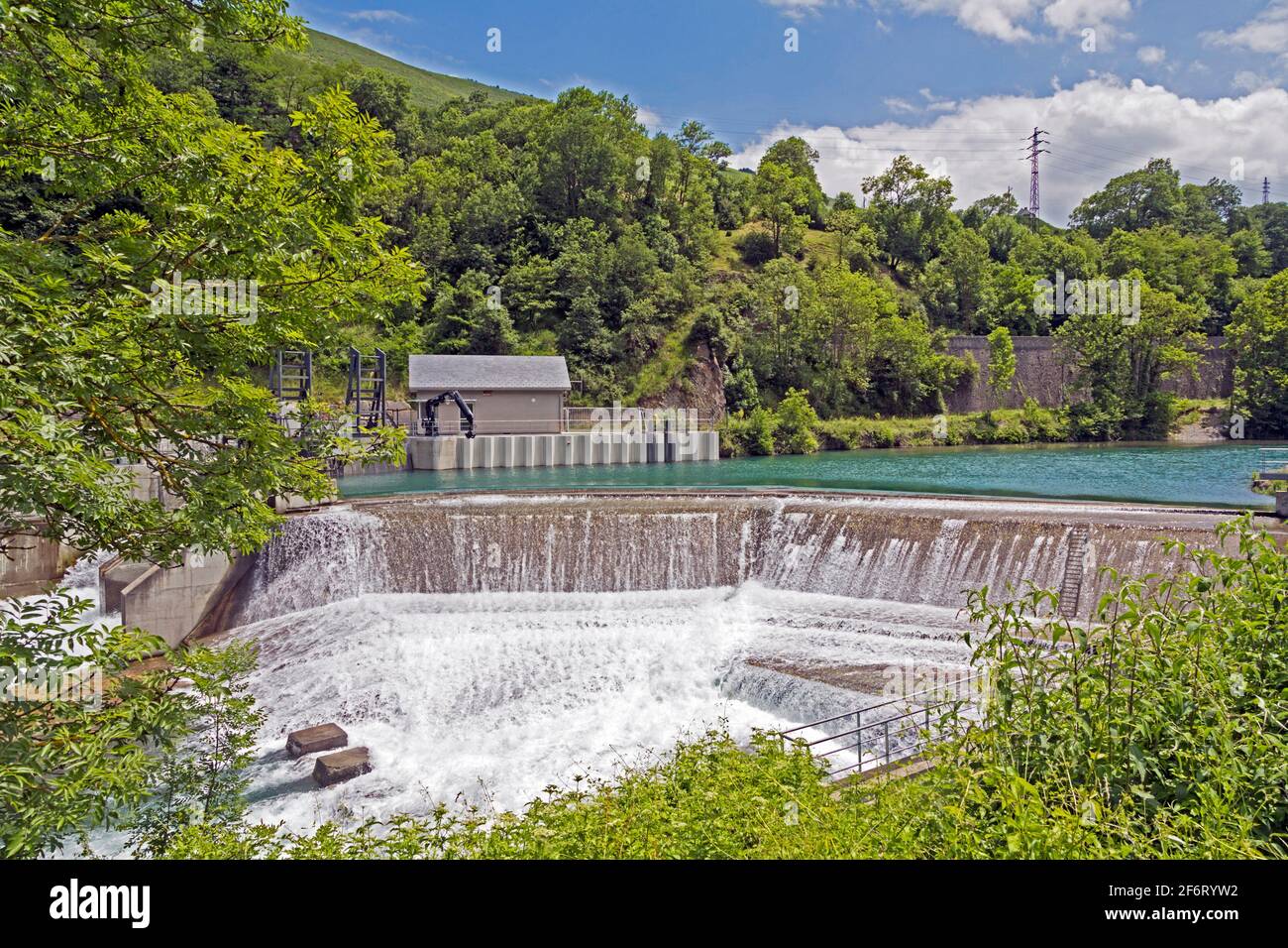 Dam on La Neste river at Arreau, Hautes-Pyrénées, Occitanie, France. Barrage dâ.Arreau. Stock Photo