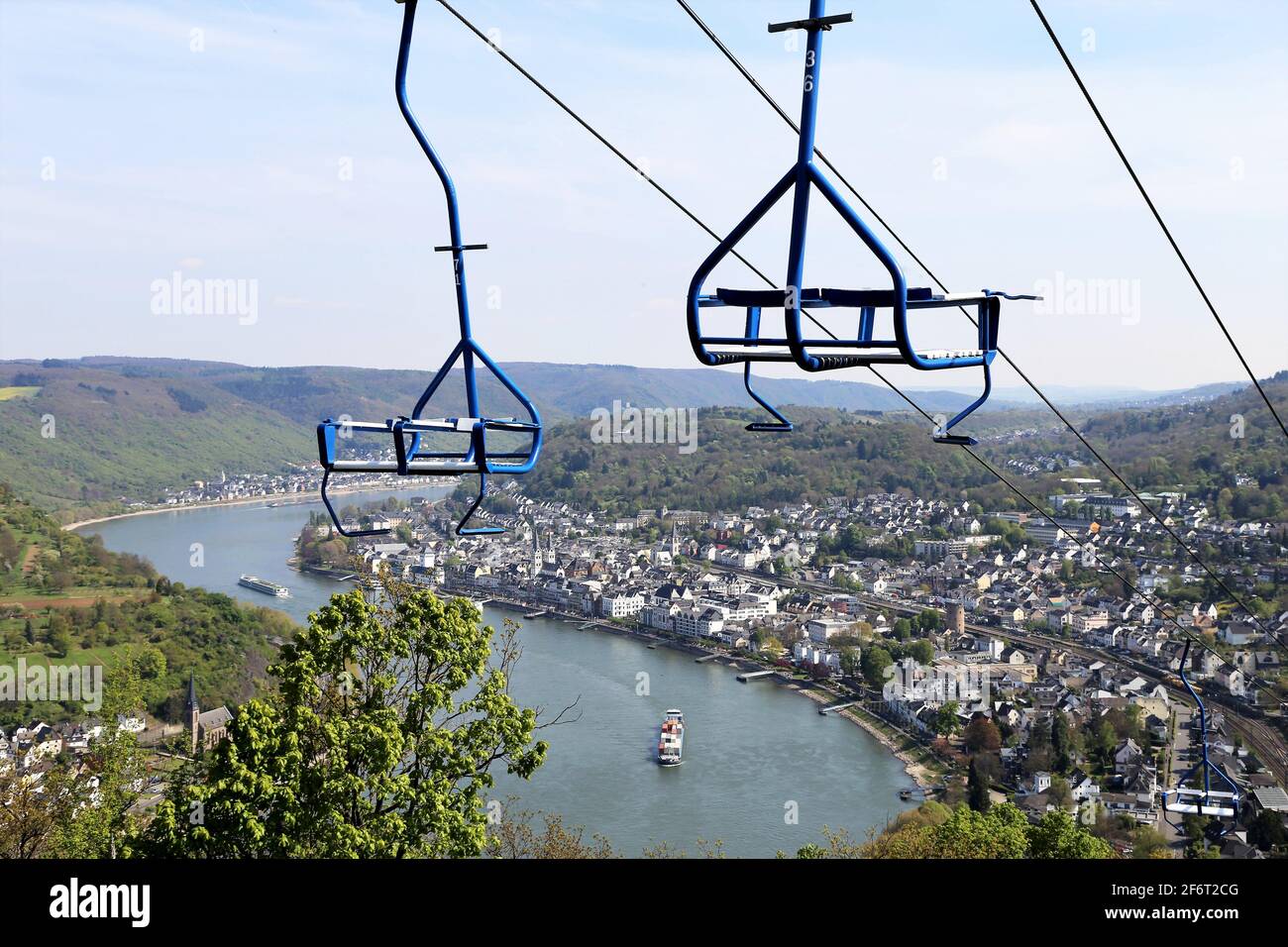 View from far above on Boppard and the Rhine (Rhineland-Palatinate, Germany). Stock Photo