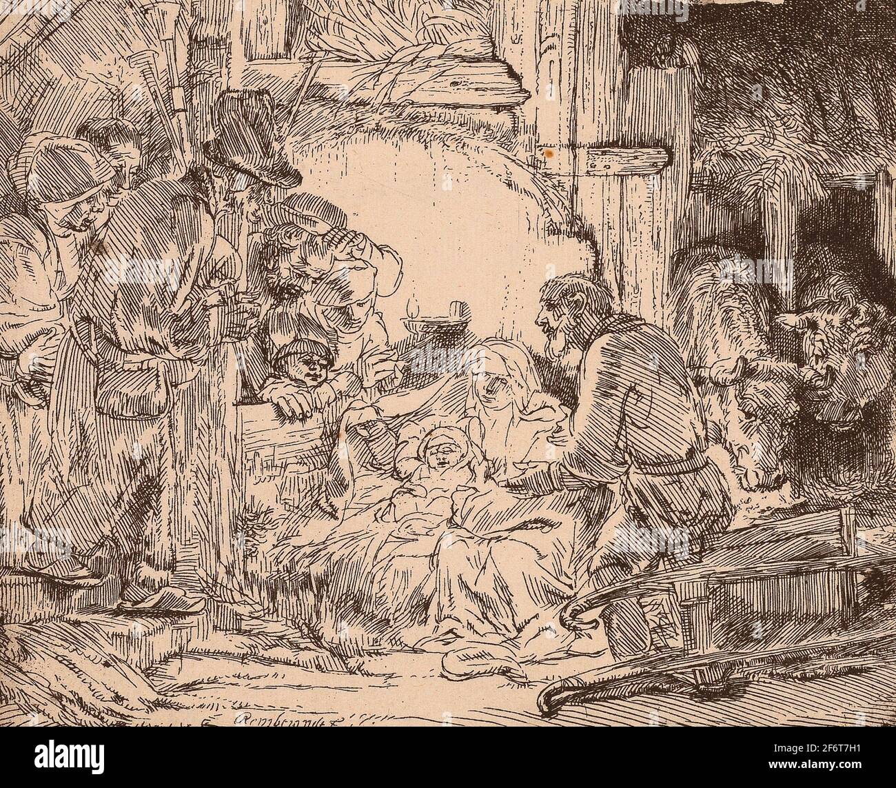 Author: Rembrandt Harmenszoon van Rijn. The Adoration of the Shepherds: With the Lamp - c. 1654 - Rembrandt van Rijn Dutch, 1606-1669. Etching on Stock Photo