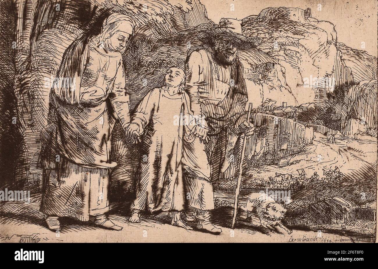 Author: Rembrandt Harmenszoon van Rijn. Christ Returning from the Temple with His Parents - 1654 - Rembrandt van Rijn Dutch, 1606-1669. Etching and Stock Photo