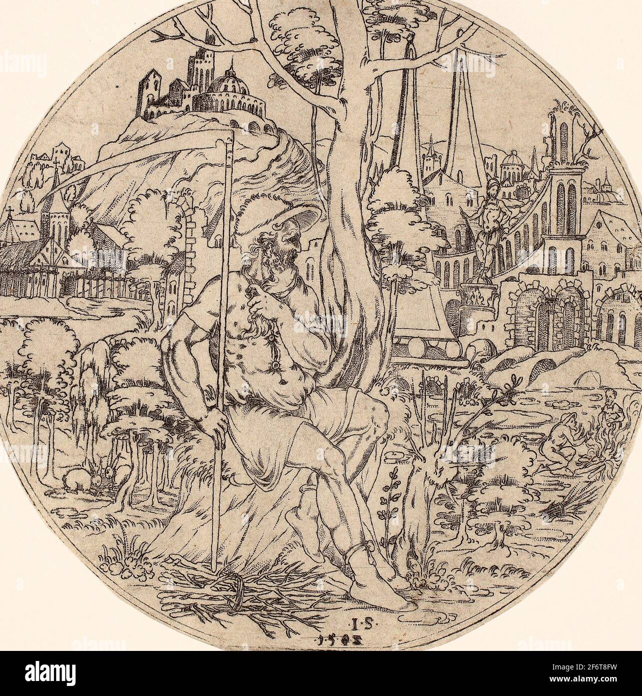 Author: Jonas Silber, (Master J.S.). Circular Design with Saturn - 1583 - Jonas Silber (Master J.S.) German, active 1572-1590. Punched engraving on Stock Photo