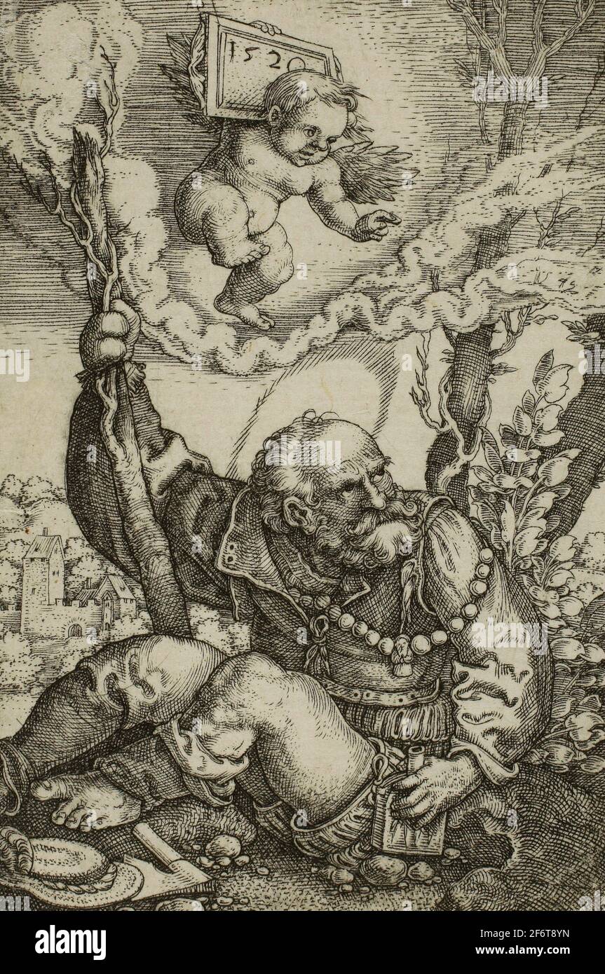 Author: Barthel Beham. Saint Christopher - 1520 - Barthel Beham German, 1502-1540. Engraving in black on ivory laid paper. Germany. Stock Photo