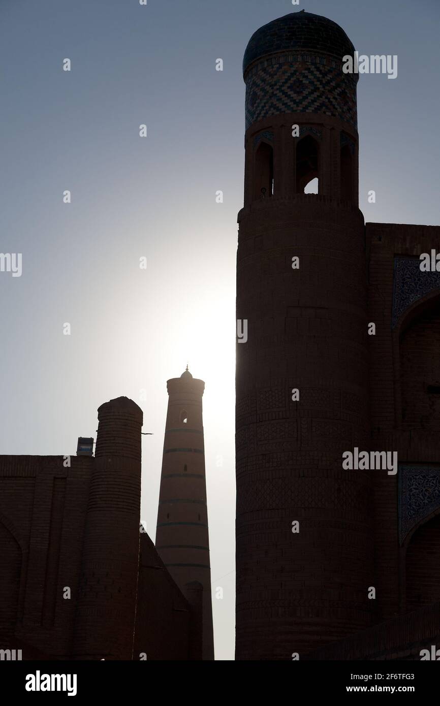 Silhouette of minarets in Khiva (Chiva, Heva, Xiva, Chiwa, Khiveh) - Xorazm Province - Uzbekistan - Town on the silk road Stock Photo