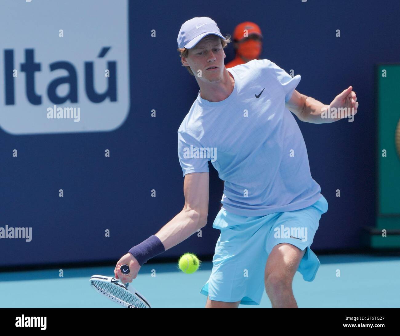 Miami, United States Of America. 02nd Apr, 2021. MIAMI GARDENS, FLORIDA - APRIL 02: Jannick Sinner of Italyreturns a shot to Roberto Bautista Agut of Spain in the semifinals during the Miami Open at Hard Rock Stadium on April 02, 2021 in Miami Gardens, Florida. (Photo by Alberto E. Tamargo/Sipa USA) Credit: Sipa USA/Alamy Live News Stock Photo