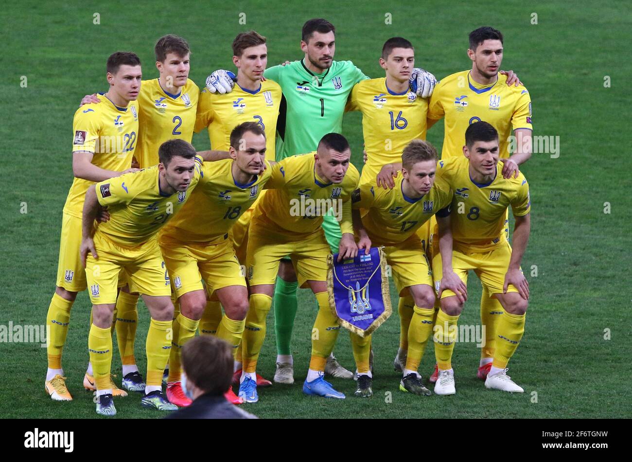 KYIV, UKRAINE - MARCH 28, 2021: Players of Ukraine National Team pose for a group photo before the FIFA World Cup 2022 Qualifying round game Ukraine v Finland at NSK Olimpiyskiy stadium in Kyiv Stock Photo