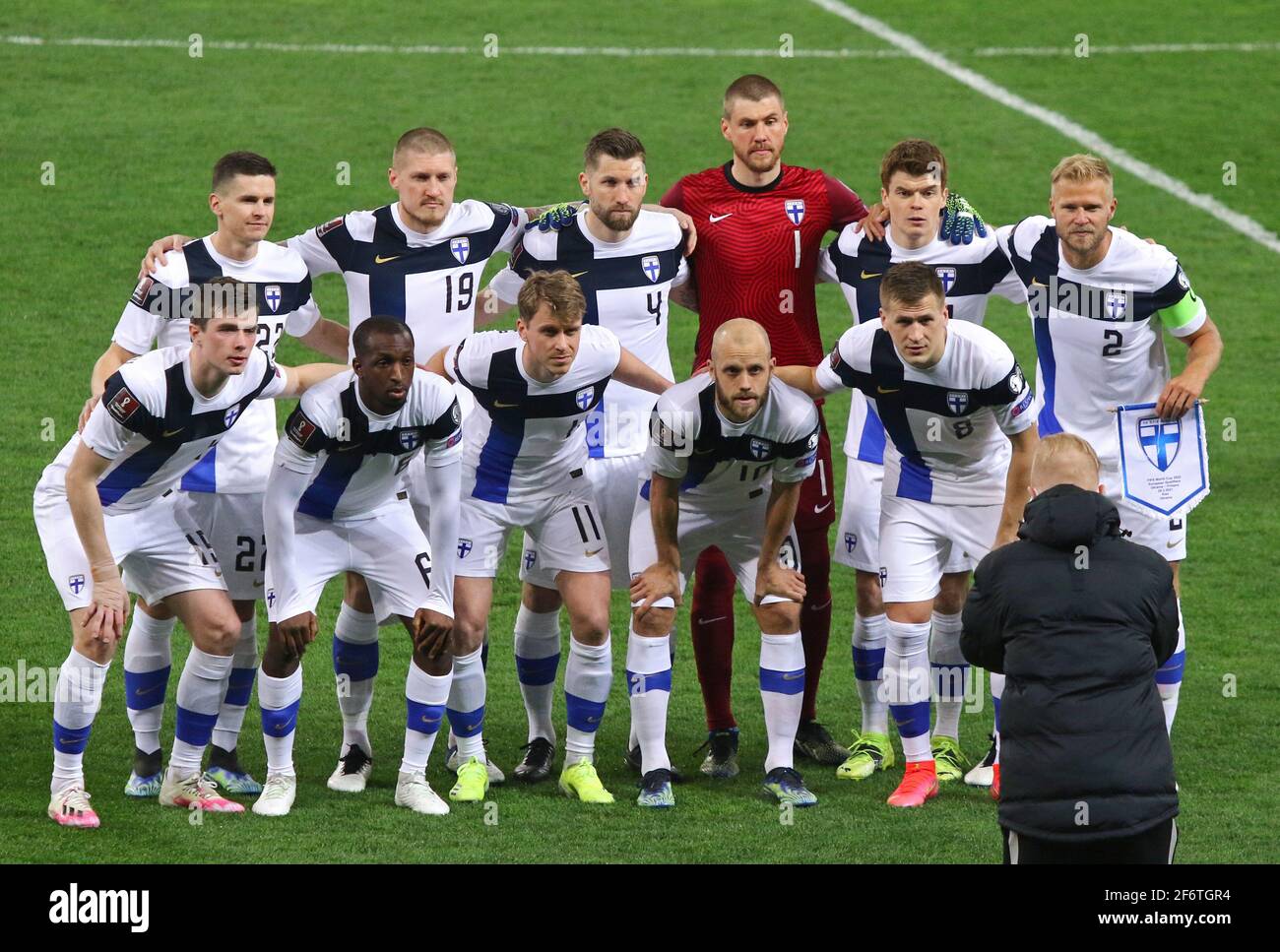 KYIV, UKRAINE - MARCH 28, 2021: Players of Finland National Team pose for a group photo before the FIFA World Cup 2022 Qualifying round game Ukraine v Finland at NSK Olimpiyskiy stadium in Kyiv Stock Photo