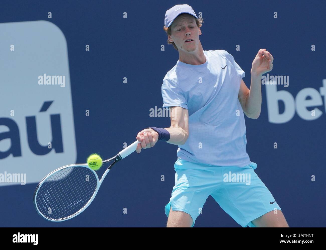 Miami, United States Of America. 02nd Apr, 2021. MIAMI GARDENS, FLORIDA - APRIL 02: Jannick Sinner of Italyreturns a shot to Roberto Bautista Agut of Spain in the semifinals during the Miami Open at Hard Rock Stadium on April 02, 2021 in Miami Gardens, Florida. (Photo by Alberto E. Tamargo/Sipa USA) Credit: Sipa USA/Alamy Live News Stock Photo