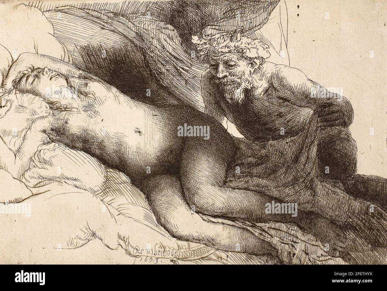 Author: Rembrandt Harmenszoon van Rijn. Jupiter and Antiope: The Larger Plate - 1659 - Rembrandt van Rijn Dutch, 1606-1669. Etching, drypoint, and Stock Photo