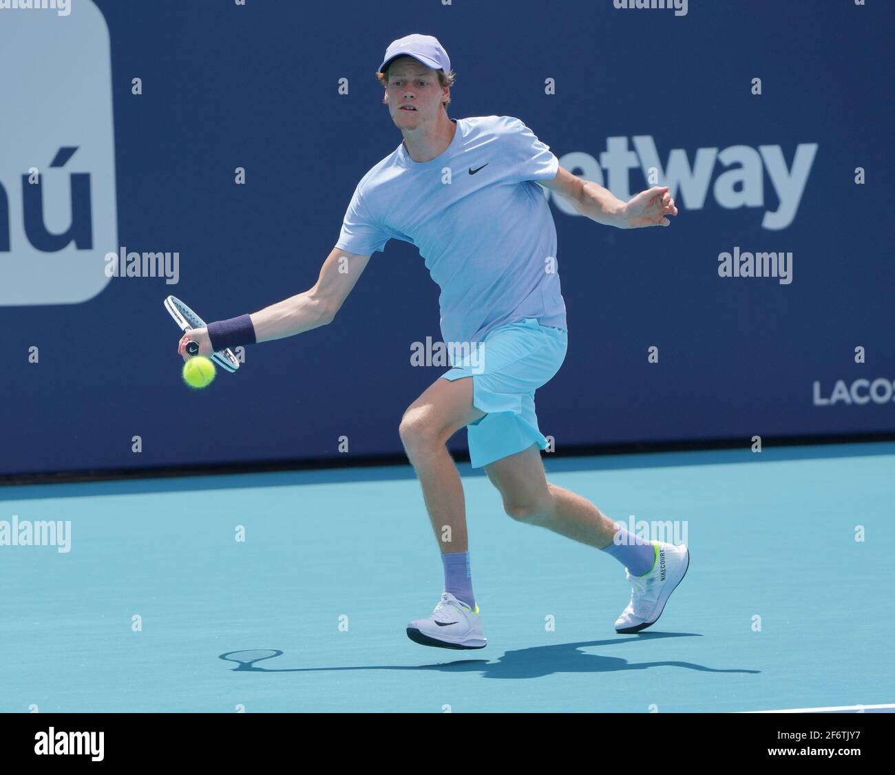 Miami, United States Of America. 02nd Apr, 2021. MIAMI GARDENS, FLORIDA - APRIL 02: Jannick Sinner of Italyreturns a shot to Roberto Bautista Agut of Spain in the semifinals during the Miami Open at Hard Rock Stadium on April 02, 2021 in Miami Gardens, Florida. (Photo by Alberto E. Tamargo/Sipa USA) Credit: Sipa USA/Alamy Live News Stock Photo