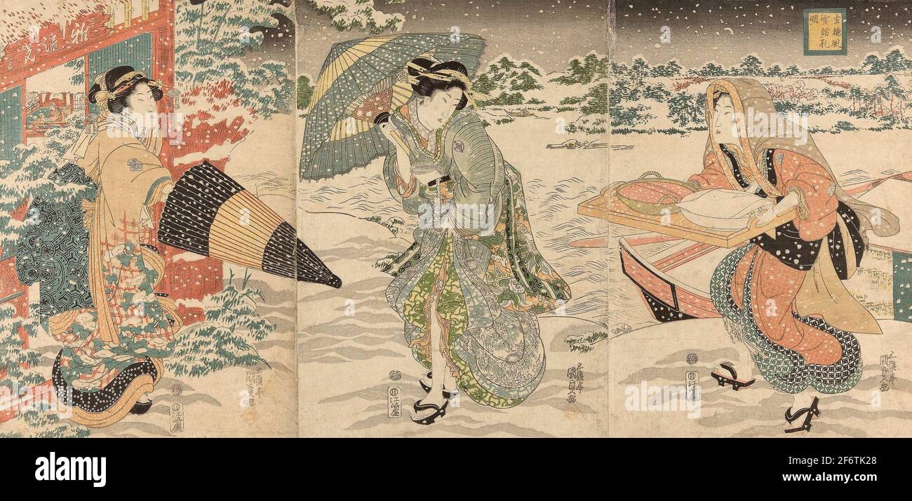 Author: Utagawa Kunisada I (Toyokuni III). Parody of Liu Bei (J: Gentoku) Visiting Zhuge Liang (J: Komei) in Wind and Snow (Gentoku fusetsu ni Komei Stock Photo