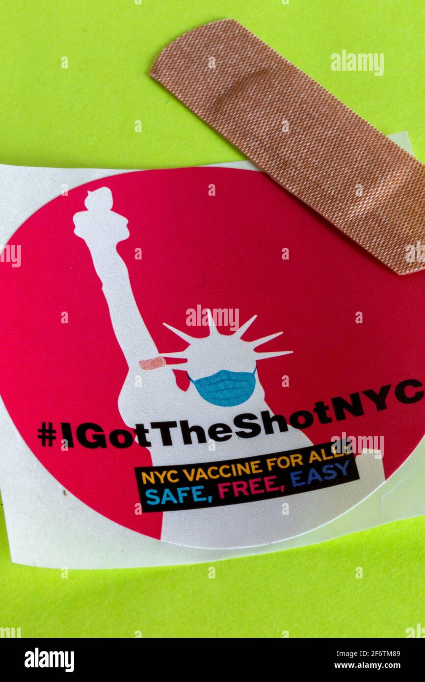 Still Life of #IGotTheShotNYC sticker with bandaid, New York City, USA Stock Photo
