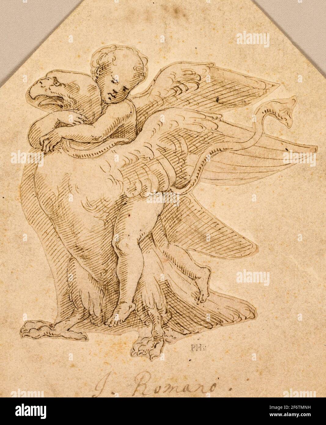 Author: Giulio Romano. Cupid Astride an Eagle - Giulio Pippi, called Giulio Romano, after Italian, c. 1499-1546. Pen and brown ink with brush and Stock Photo