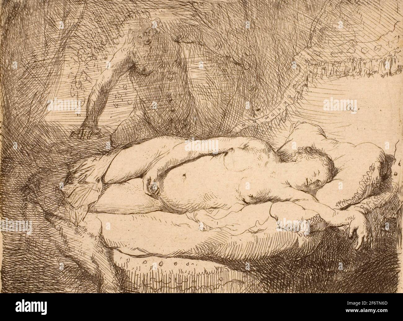 Author: Rembrandt Harmenszoon van Rijn. Jupiter and Antiope: Smaller Plate - c. 1631 - Rembrandt van Rijn Dutch, 1606-1669. Etching on buff laid Stock Photo