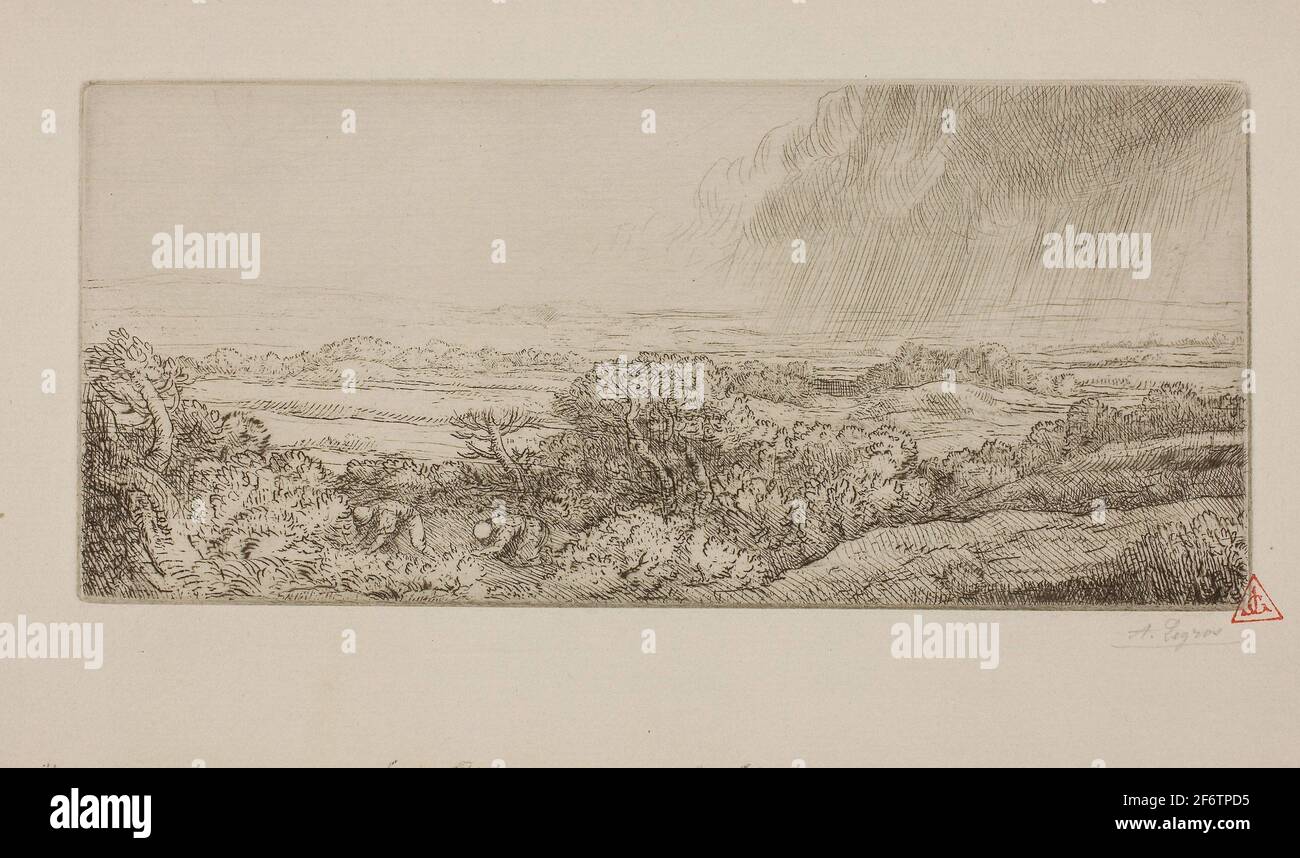 Author: Alphonse Legros. The Mushroom Gatherers - c. 1900 - Alphonse Legros French, 1837-1911. Etching, drypoint and plate tone on light bluish-gray Stock Photo