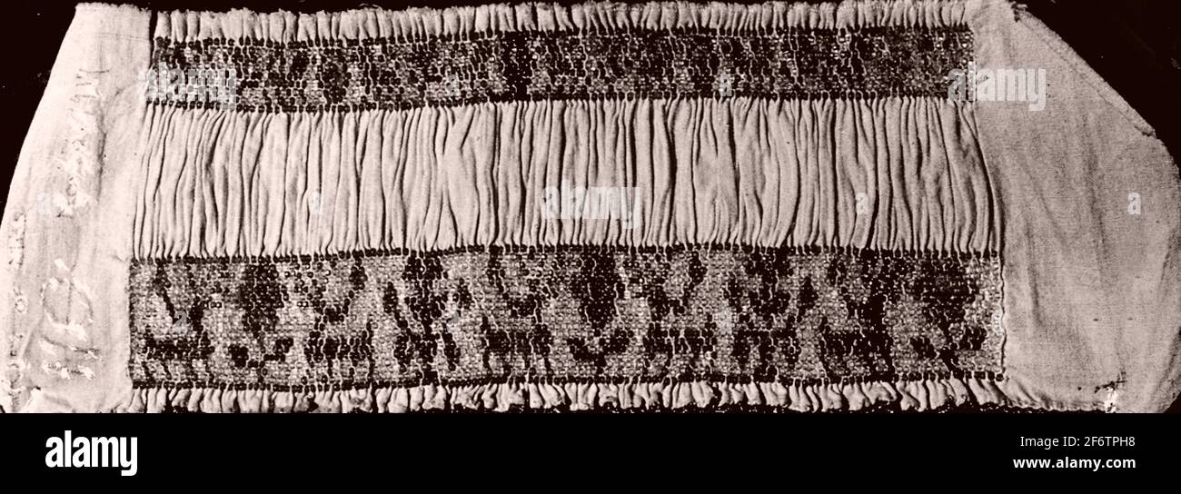 Two Narrow Bands-19th century-Mexico. Beadwork with design on shirred white muslin. 1801-1900. Mxico. Stock Photo