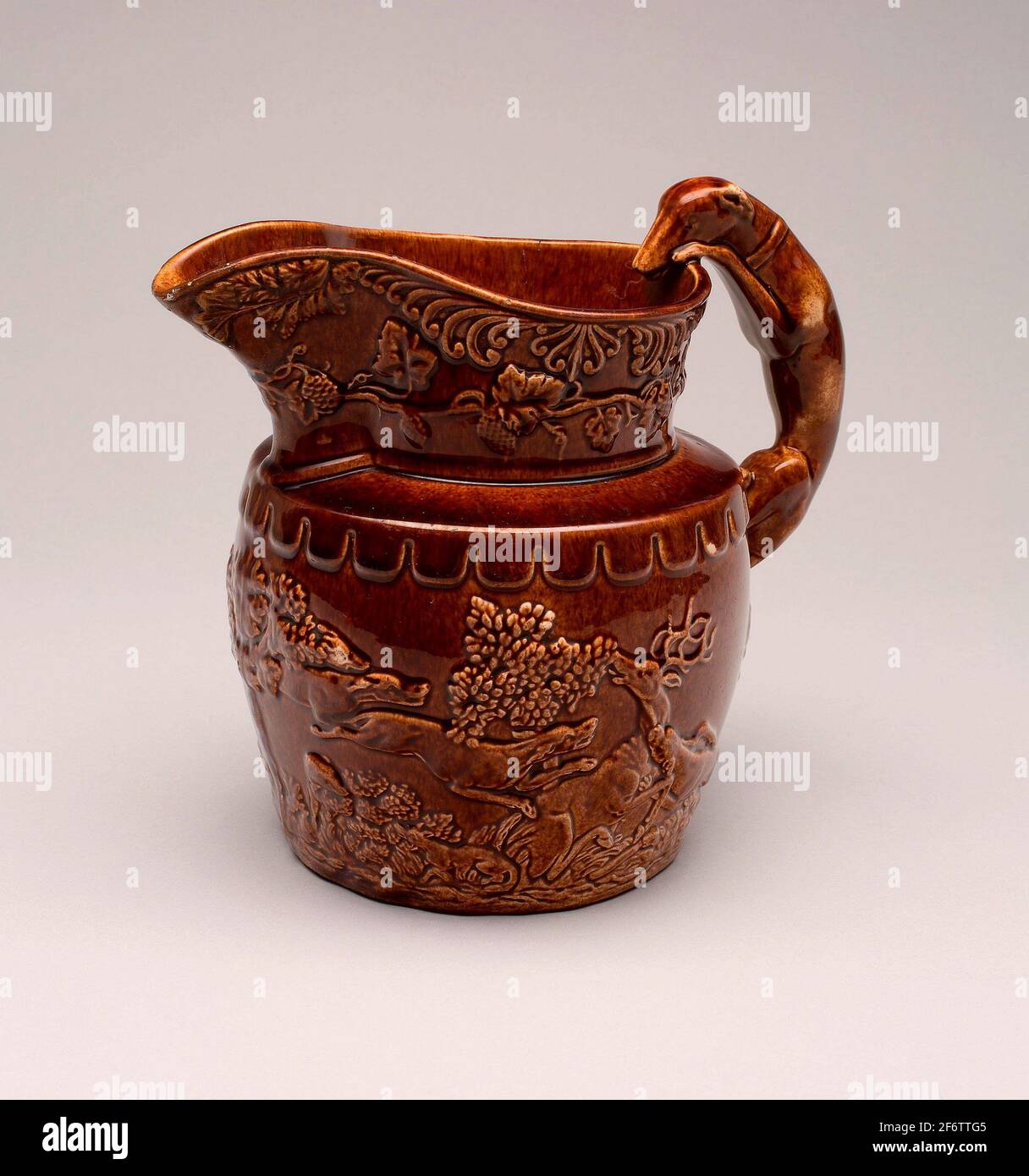 Bennington Pottery. Hound-Handled Pitcher-c. 1850-American. Earthenware. 1845-1855. Bennington. Stock Photo