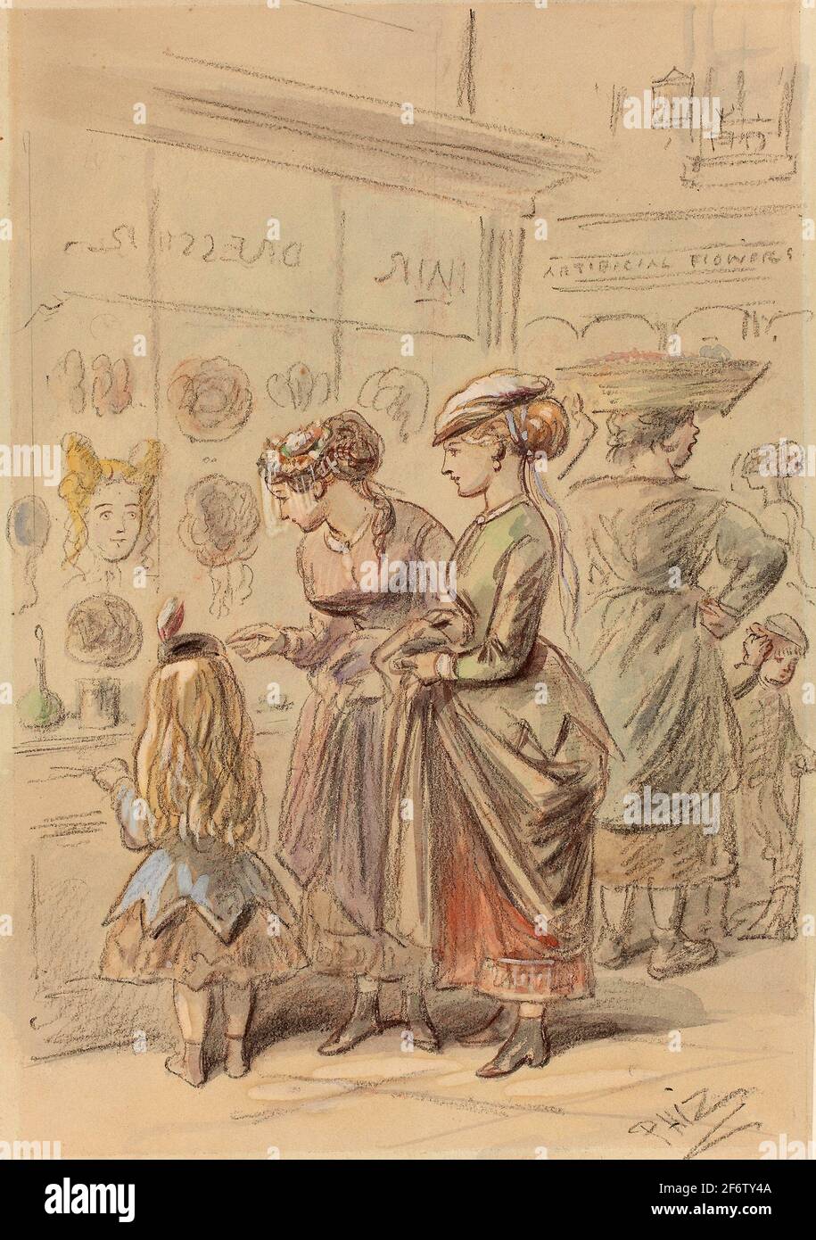 Author: Hablot Knight Browne. Two Ladies and Little Girl Before Hairdresser's Shop - Hablot Knight Browne English, 1815-1882. Watercolor and black Stock Photo