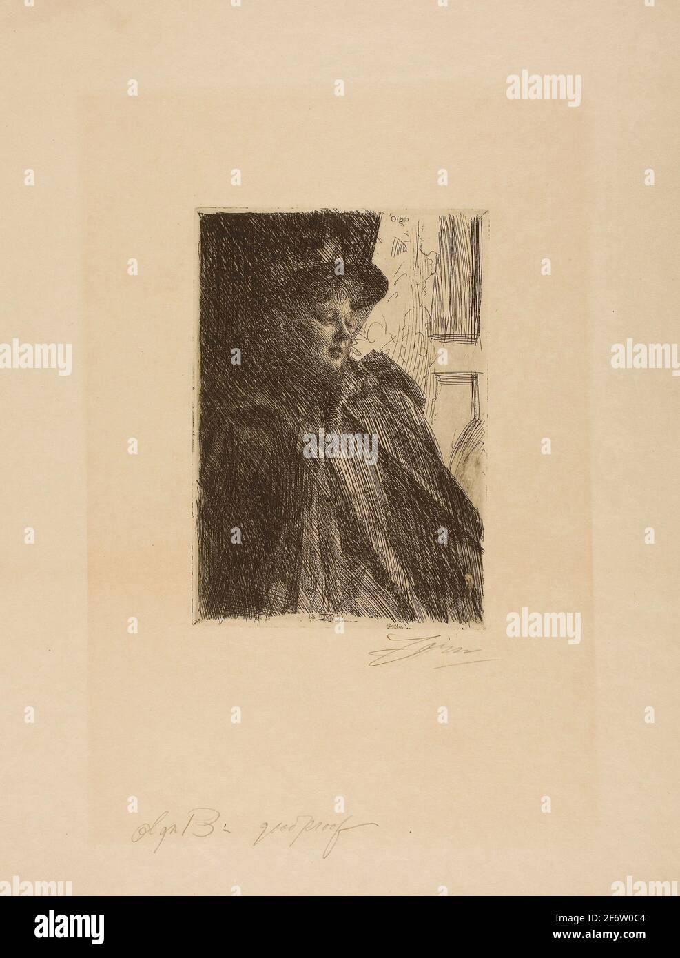 Author: Anders Zorn. Olga Bratt - 1892 - Anders Zorn Swedish, 1860-1920. Etching on ivory wove paper. Sweden. Stock Photo