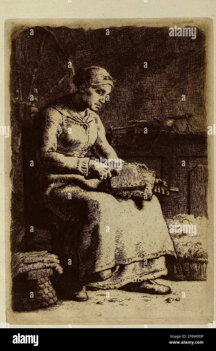 Author: Jean Franois Millet. The Wool-Carder - 1855'56 - Jean Franois Millet French, 1814-1875. Etching on bluish-green laid paper hinged on left Stock Photo
