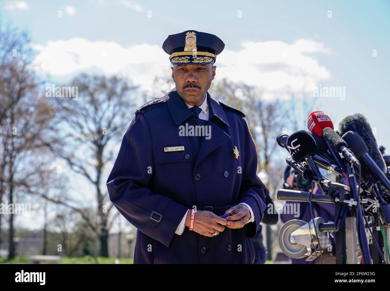 Chief of the Metropolitan Police Department Robert Contee speaks at a press  briefing about the security incident that took place at the U.S. Capitol on  April 2, 2021 in Washington, DC. It