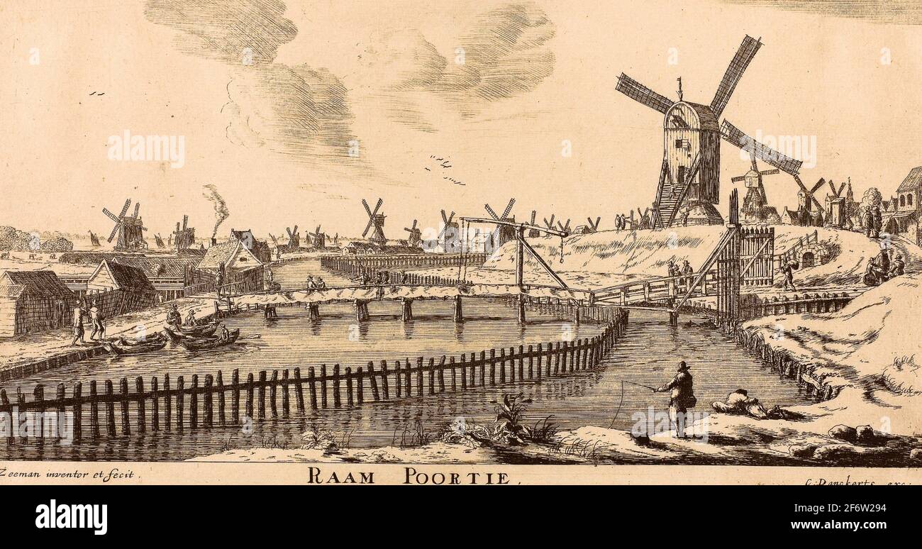 Author: Reinier Zeeman, (Reinier Nooms). Eight Views of the Town Gates of Amsterdam: Raam Gate - Reinier Nooms, called Zeeman Dutch, c.1623-1664. Stock Photo