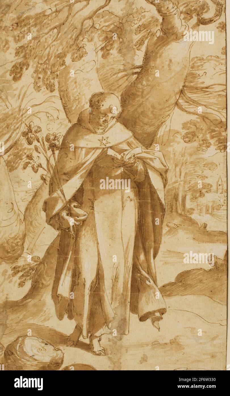 Author: Bartholomaeus Spranger. Saint Dominic Reading - c. 1573 - Bartholomaeus Spranger Flemish, 1546-1611. Pen and brown ink and brush and brown Stock Photo