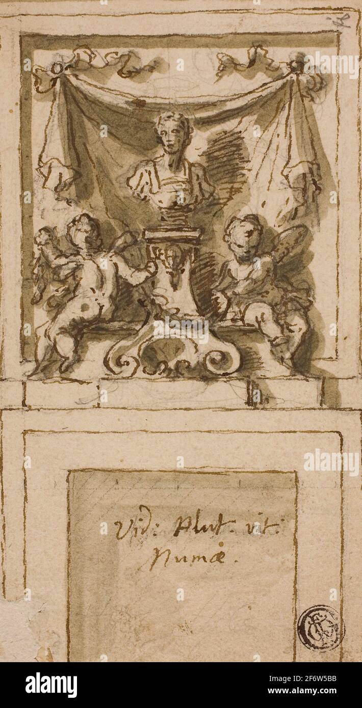 Author: James Thornhill. Design for the Overmantel of a Chimneypiece with Bust of Pompilius Numa - James Thornhill English, 1675-1734. Pen and brown Stock Photo