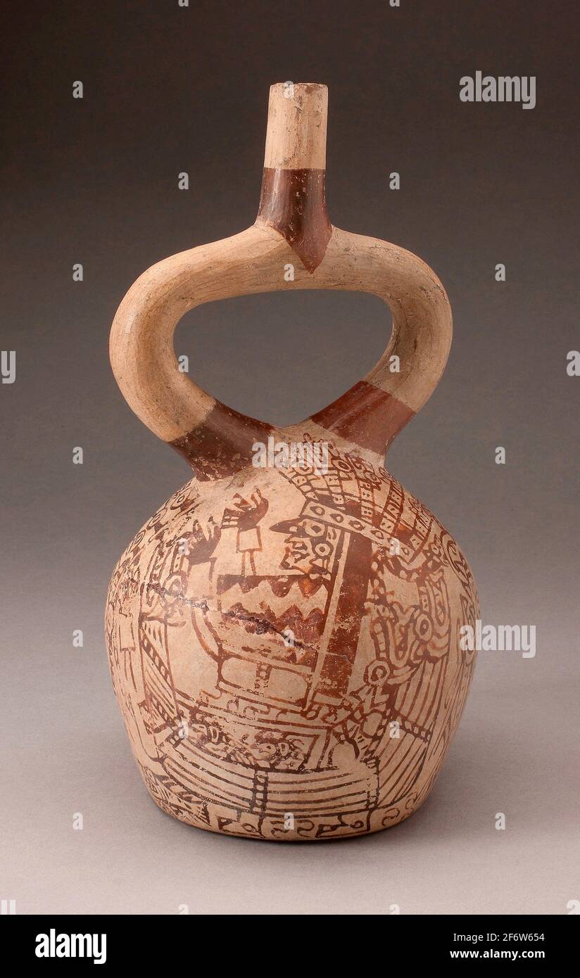 Author: Moche. Stirrup Vessel with Fineline Painting Depicting Costumed Figured in a Reed Boat - 100 B.C./A.D. 500 - Moche North coast, Peru. Ceramic Stock Photo
