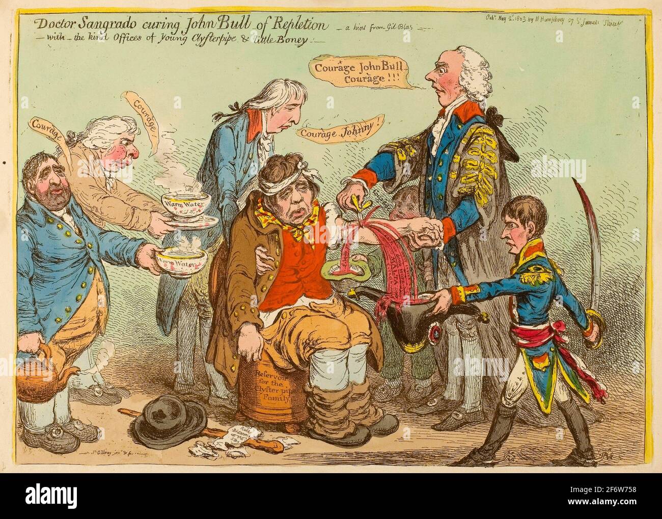Author: James Gillray. Doctor Sangrado Curing John Bull of Repletion-With the Kind of Offices of Young Clysterpipe & Little Boney - published May 2, Stock Photo